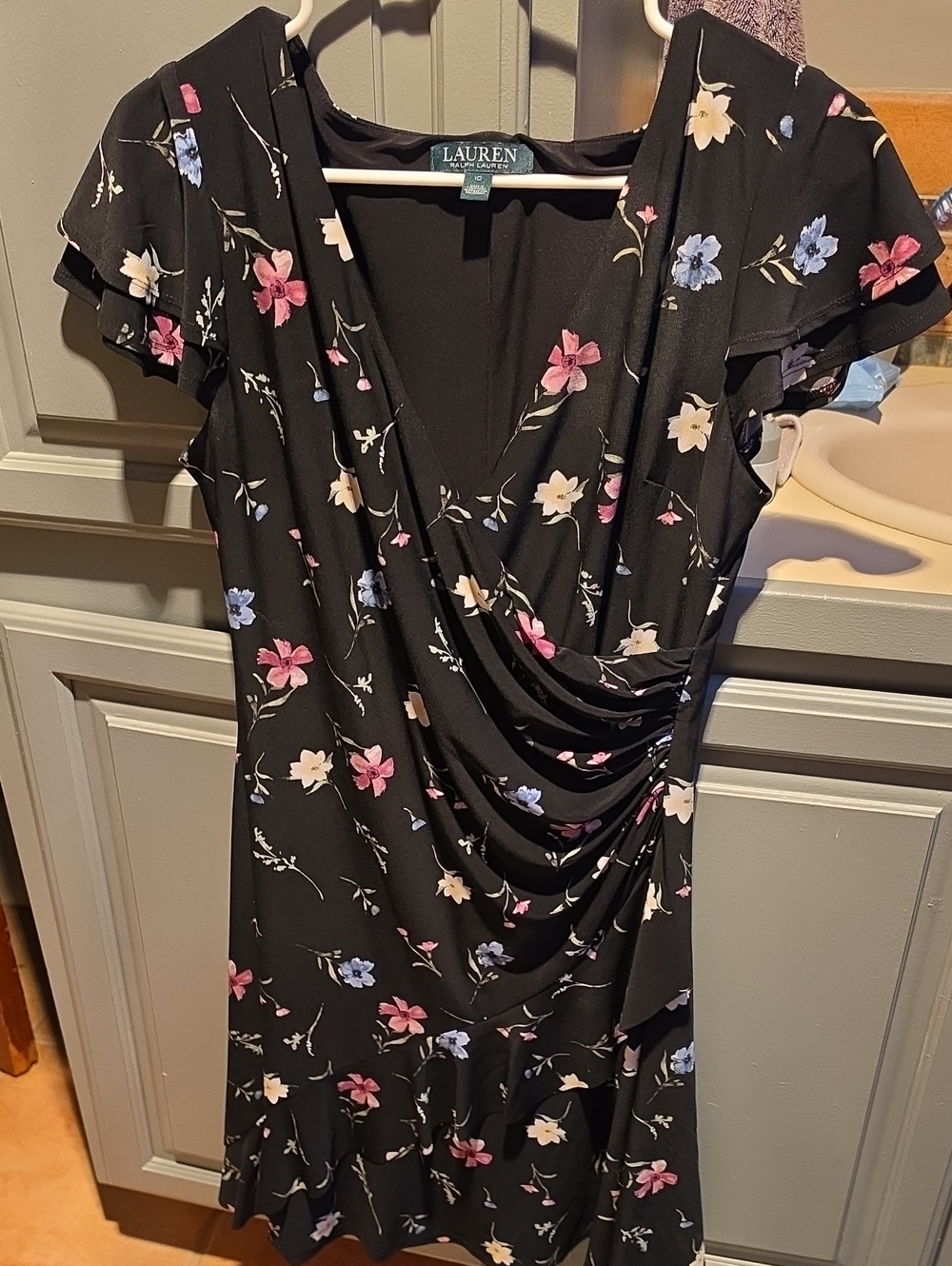 Ralph Lauren Black Floral Wrap-Effect Dress with Pink & Blue Blooms